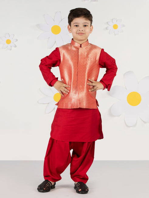Boy's Red Brocade Nehru Jacket Set With Patiala
